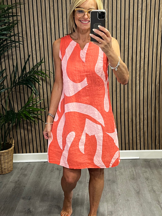 Linen A Line Splodge Print Dress in Coral