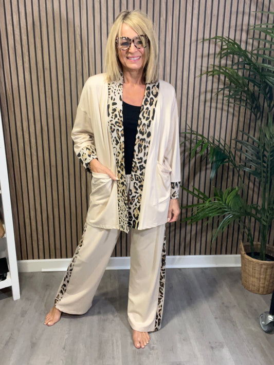 Animal Print Trim Trousers in Beige