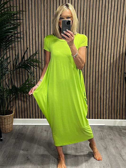 Larry Loose Cap Sleeve Dress In Lime Green