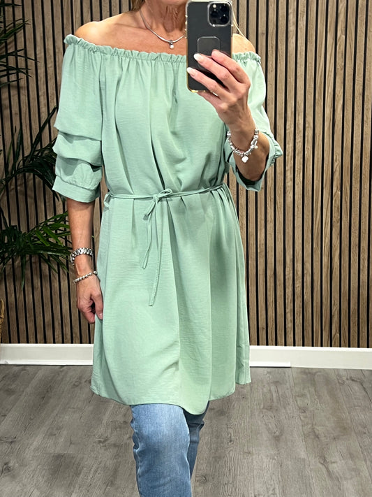 Pleated Sleeve Tunic Dress In Sage Green