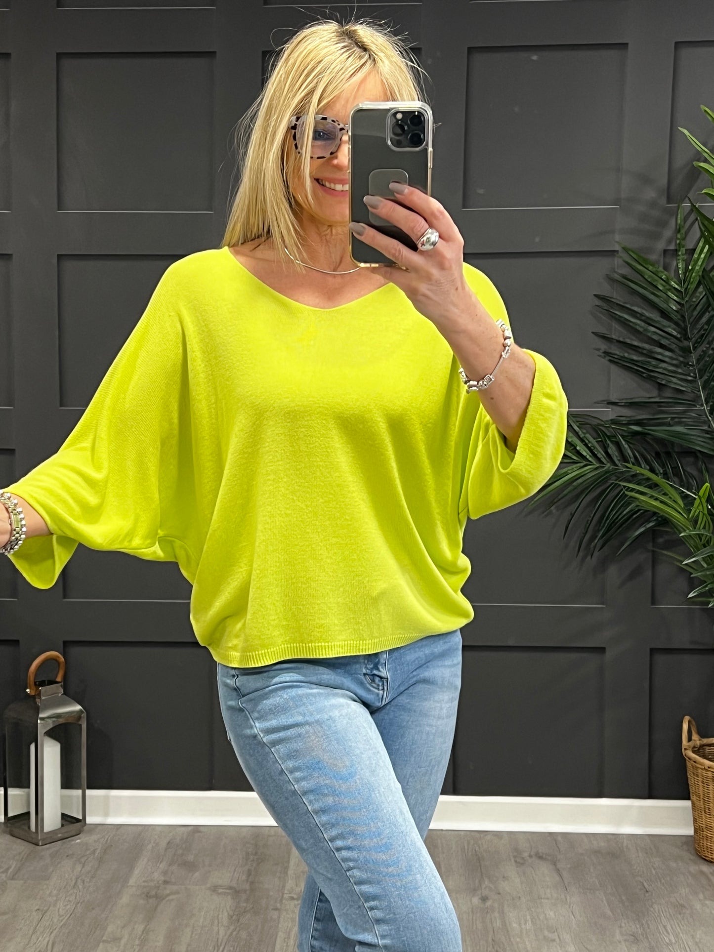 V Neck Batwing Fine Knit In Lime Green