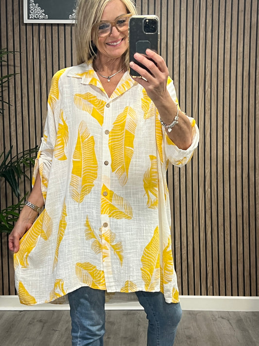 Leaf Print Cotton Shirt In Yellow