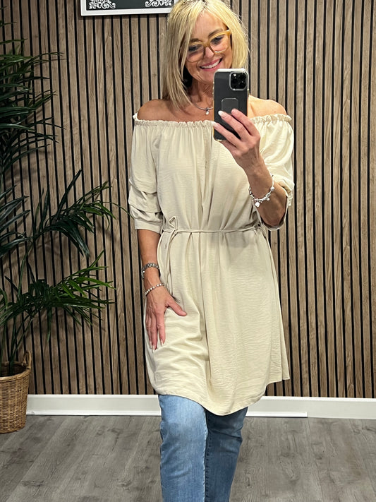 Pleated Sleeve Tunic Dress In Stone