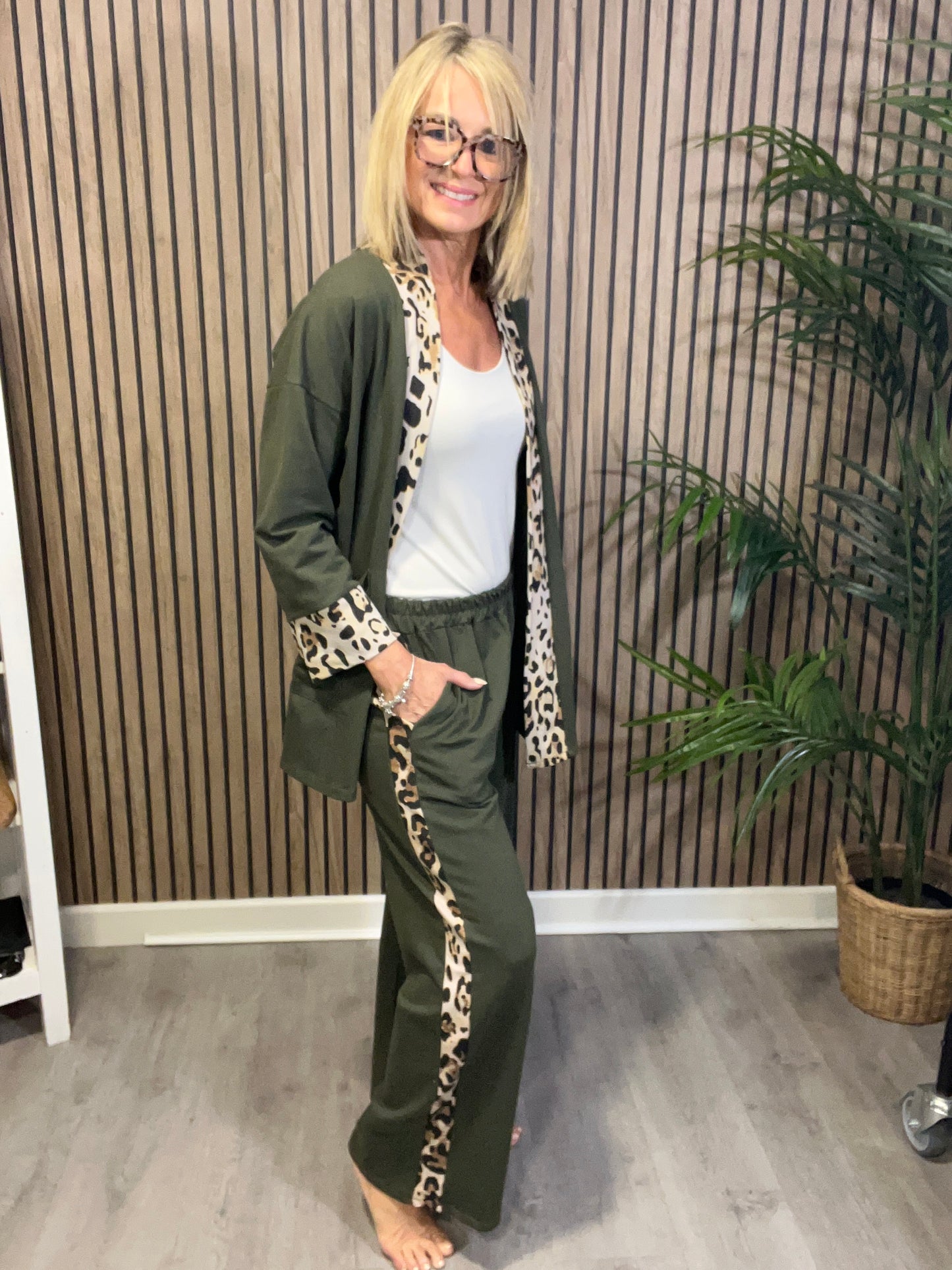 Animal Print Trim Trousers in Khaki Green