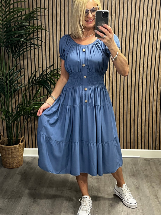 Bea Bardot Midi Dress In Denim Blue