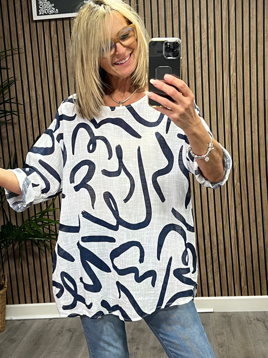 Squiggle Tunic Top In Navy Blue