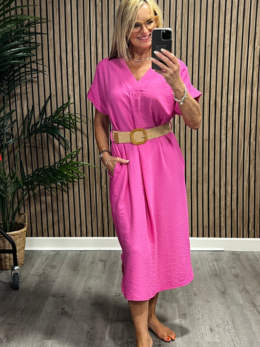 Bertha Belted V Neck Dress In Pink