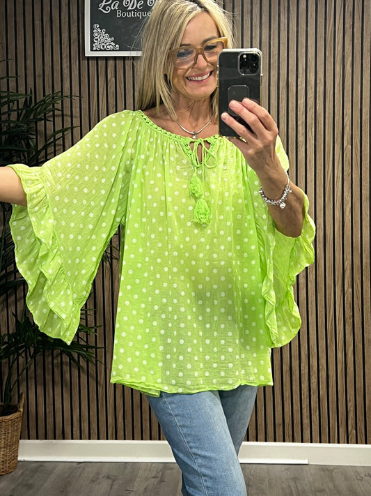 Gypsy Spotty Top In Lime Green