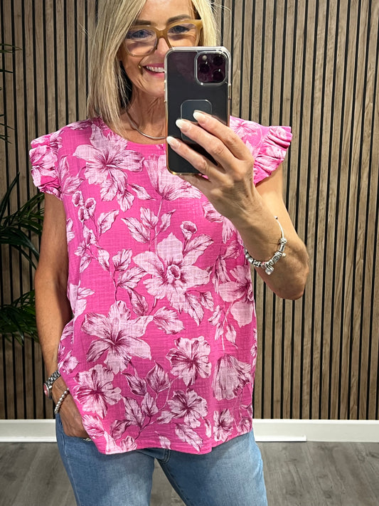 Floral Print Cotton Top In Hot Pink