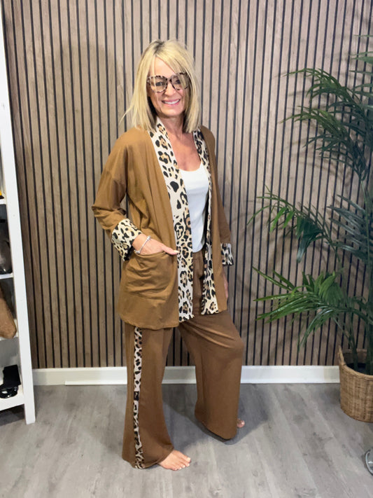 Animal Print Trim Trousers in Camel