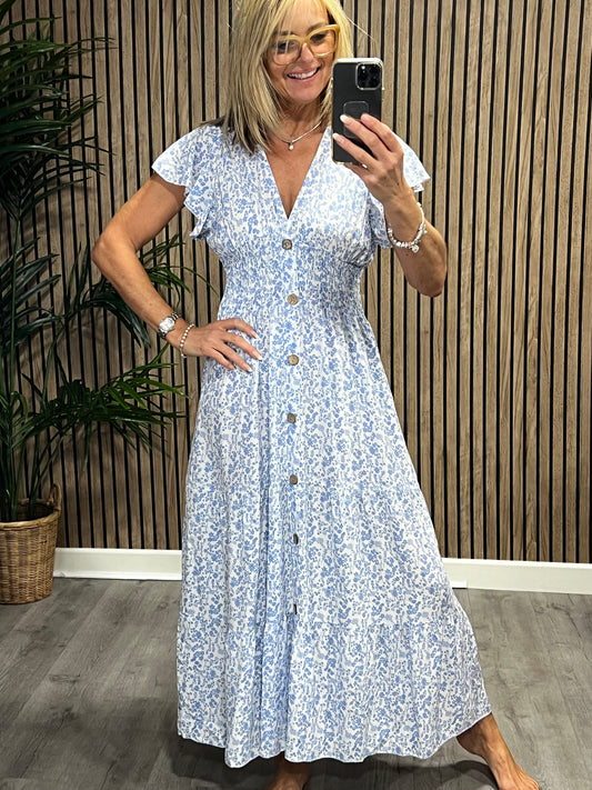 Floral Button Maxi Dress In Baby Blue