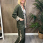 Animal Print Trim Trousers in Khaki Green