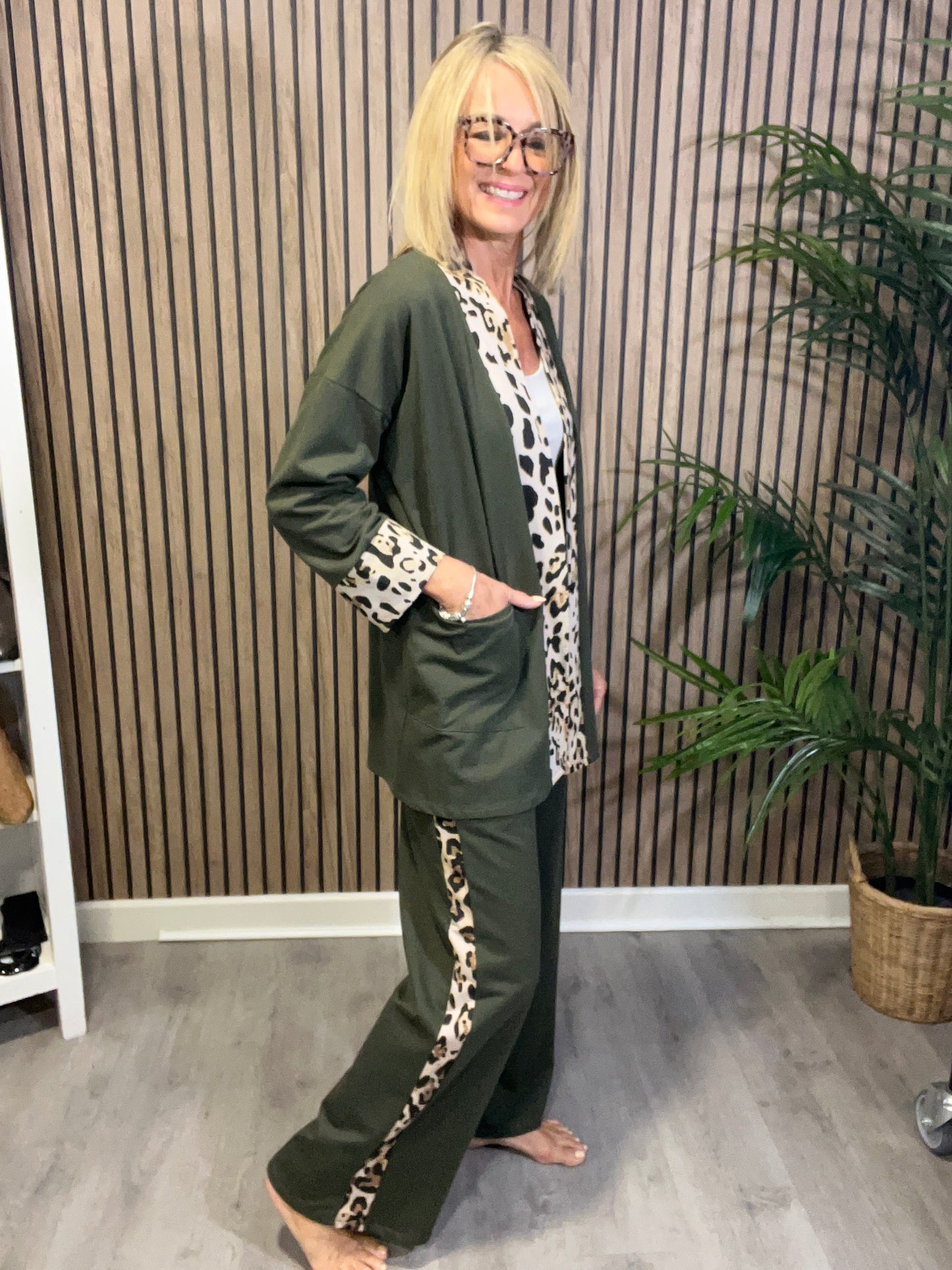 Animal Print Trim Trousers in Khaki Green