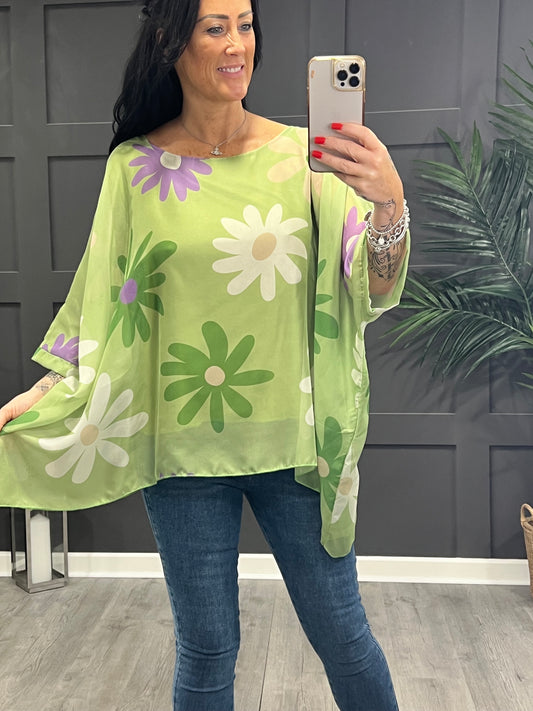 Daisy Chiffon Floaty Top In Lime Green