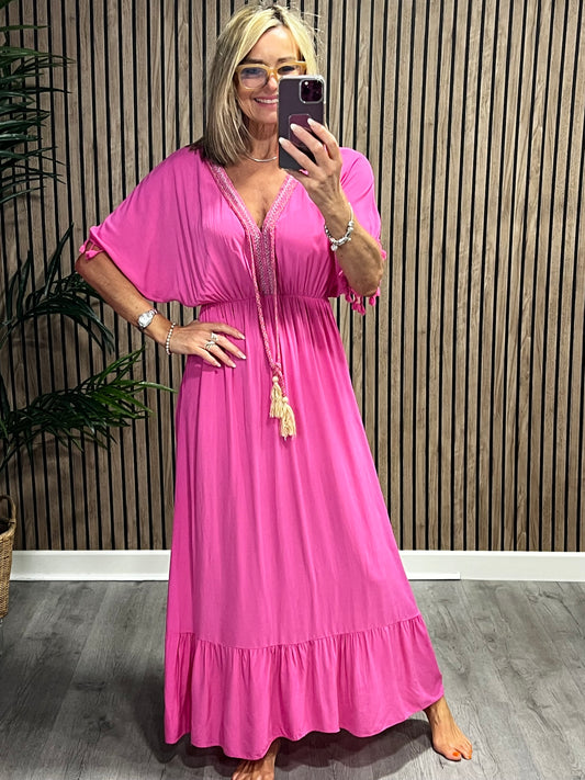 Tabitha Tassel Maxi Dress In Hot Pink