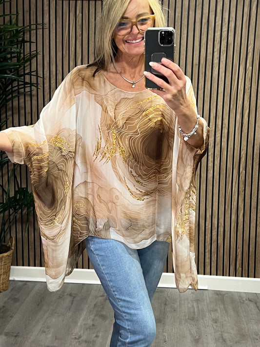 Watercolour Lined Silk Top In Taupe
