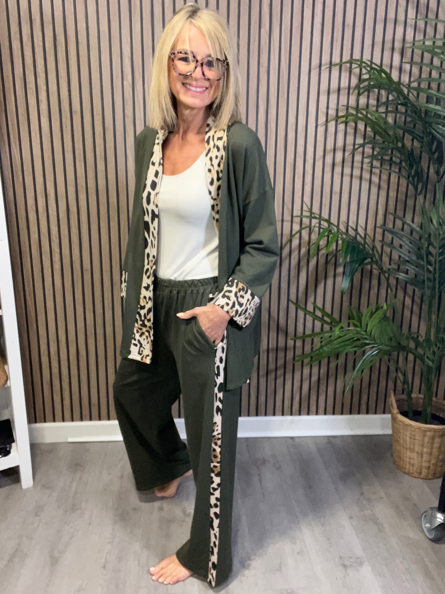 Animal Print Trim Trousers in Khaki Green